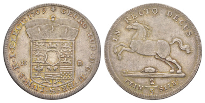 Брауншвейг-Каленберг-Ганновер 2/3 талера 1709 HB, Георг I (1698-1727), из коллекции Ричарда Б. Смита Davenport 419, KM 48 Welter 2154 серебро 00-821-22