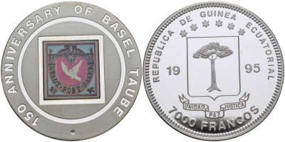 Экваториальная Гвинея 7000 франков 1995 150 лет первой Базельской почтовой марке "Taube" (голубка), цветная эмаль, тираж 7500 экз. KM 109 серебро PROOF 1077-1-63