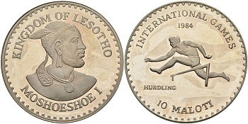 Лесото 10 малоти 1984 международные игры - бег с барьерами, UNUSUAL KM X#3 медно-никель PROOF 1098-5-11