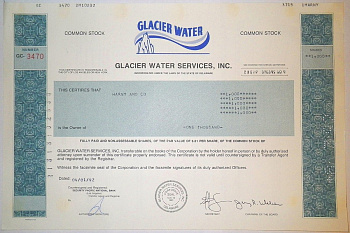 США, Glacier Water Services, Inc 1000 акций 1992 бумага 8805-46-1