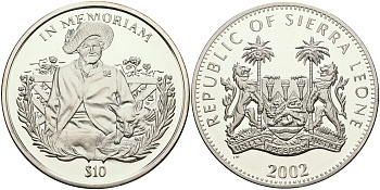 Сьерра-Леоне 10 долларов 2002 PM, королева-мать с собакой KM 277 серебро PROOF 00-00