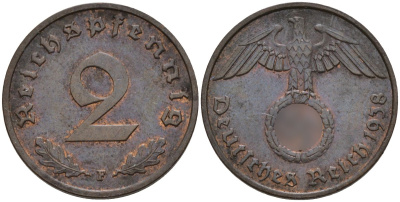 Германия 2 рейхспфеннига 1938 F KM 90, J. 362 бронза 4151-118