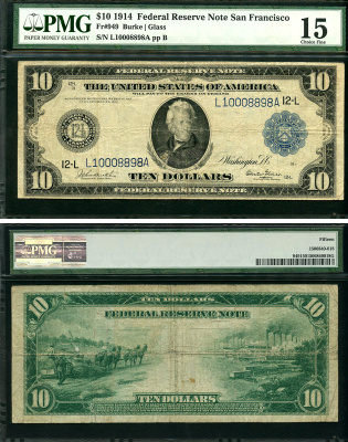 США 10 долларов 1914 National Bank Note, Сан-Франциско, Эндрю Джексон - 7-й президент США, голубая серия, в слабе PCGS 15 Fr 949  бумага   452-1-148