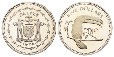 Белиз 5 долларов 1974 попугай Ара KM 44 медно-никель PROOF 11-252-45