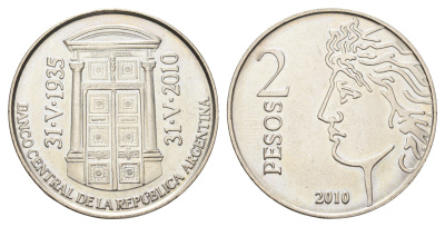 Аргентина 2 песо 2010 75 лет Центральному банку Аргентины KM 162 медно-никель BU 4661-245