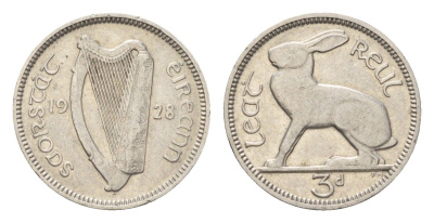 Ирландия 3 пенса 1928 заяц KM 4 никель 4696-426
