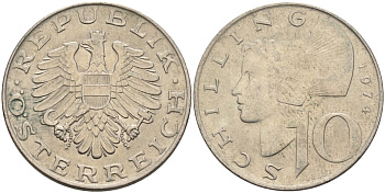Австрия 10 шиллингов 1974 KM 2918 медно-никель 4681-725