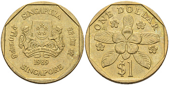 Сингапур 1 доллар 1989 барвинок KM 54b алюминиевая бронза 4116-416