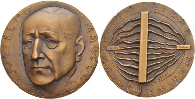 Сан-Марино медаль 1974 100 лет со дня рождения Гульельмо Маркони (1874-1937) итальянского радиотехника и предпринимателя, медальер S. Johnson, диаметр 60 мм. томпак 1089-2-12