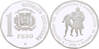 Доминиканская республика 1 песо 1990 500 лет открытия Америки, евангелисты KM 77а серебро PROOF 1068-2-12