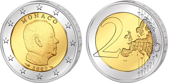 Монако 2 евро 2009 Князь Альберт II KM 195 биметалл UNC 4571-846