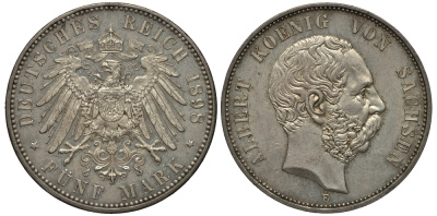 Саксония 5 марок 1898 Альберт Саксонский (1873-1892) KM 1246, J.125 цена по каталогу МТ 900 евро aUNC 10-017-40