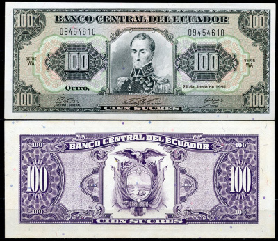 Эквадор 100 сукре 1991 Симон Боливар, 21 июня, серия WA Pick 123А a  бумага  UNC (пресс) 447-125-2