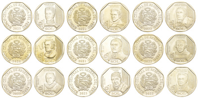 Перу лот из 9 монет по 1 соль 2021-2023 серия герои Перу KM NEW медь никель цинк  UNC  M68-07