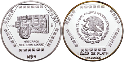 Мексика 5 песо 1994 Mascaron Del Dios Chaac, тираж 4500 экземпляров KM 577 серебро PROOF 1068-4-41