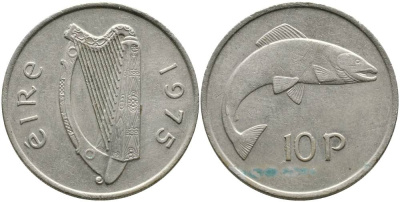 ИРЛАНДИЯ 10 ПЕНСОВ 1975 ЛОСОСЬ KM 23 медно-никель 4531-734