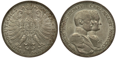 Саксен-Веймар-Эйзенах 3 марки 1915 А, 100 лет династии, Вильгельм и Карл Август, Weege 159, J. 163, KM 177 серебро 00-000-00