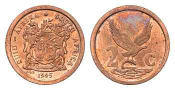 ЮАР 2 цента 1995 орел с рыбой KM 133 сталь плакированная медью UNC 4694-264