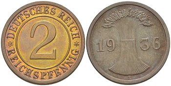 ГЕРМАНИЯ 2 РЕЙХСПФЕННИГA 1936 E KM 38, J. 314, Weege 4 бронза 206-864