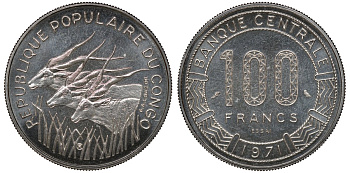 Конго 100 франков 1971 пробный выпуск, ESSAI KM E3 никель UNC 3711-212