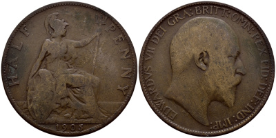 Великобритания 1/2 пенни 1905 Эдуард VII (1901-1910) KM 793.2, Spink 3991 бронза 71-1123