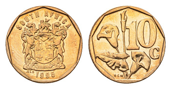 ЮАР 10 центов 1996 герб, цветок алоэ KM 161 сталь плакированная бронзой UNC 4694-726