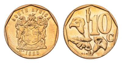 ЮАР 10 центов 1996 герб, цветок алоэ KM 161 сталь плакированная бронзой UNC 4694-726