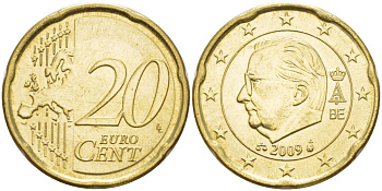 Бельгия 20 евроцентов 2009 Альберт II KM 228 латунь    4681-1243