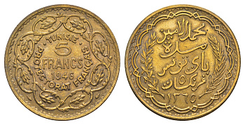Тунис 5 франков 1946 год-тип Y 273 алюминиевая бронза aUNC 215-541