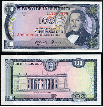 Колумбия 100 песо 1974 генерал Франсиско де Паула Сантандер, герой освободительной войны Pick 415  бумага  UNC (пресс) 7219-11-1-1