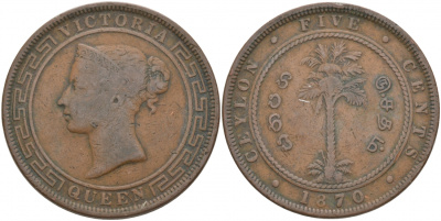ЦЕЙЛОН 5 ЦЕНТОВ 1870 ВИКТОРИЯ KM 93 медь 73-522