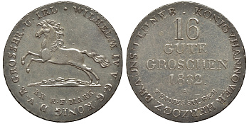 Брауншвейг-Каленберг-Ганновер 16 гутергрошенов 1832 A, Вильгельм IV (1830-1837) J. 33 c, AKS 66, Kahnt 212 серебро    11-119-53
