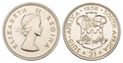 ЮАР 2 шиллинга (флорин) 1956 Елизавета II (1952-2022), тираж - 1700 экземпляров KM 50 серебро PROOF 00-822-89
