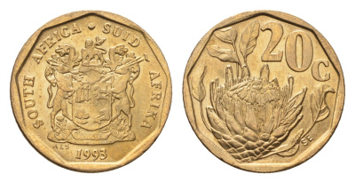 ЮАР 20 центов 1993 герб, цветок протея KM 136 сталь плакированная бронзой UNC 4694-827