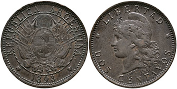 Аргентина 2 сентаво 1893 голова свободы влево KM 8 бронза 4531-1142