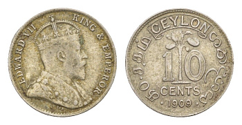 Цейлон 10 центов 1909 Эдуард VII (1901-1910) KM 97 серебро    4658-1121
