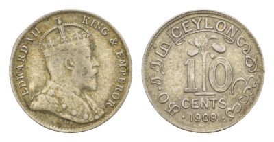 Цейлон 10 центов 1909 Эдуард VII (1901-1910) KM 97 серебро    4658-1121