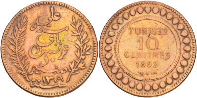 Тунис 10 сантимов 1892 AH 1309, Али III ибн аль-Хусейн KM 222 бронза 4557-923