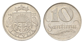 Латвия 10 сантимов 1922 год-тип KM 4 никель 4685-1139