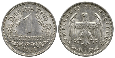 ГЕРМАНИЯ 1 РЕЙХСМАРКА 1934 А KM 78, J. 354 никель 4380-521