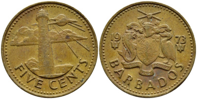 Барбадос 5 центов 1973 маяк Саут-Пойнт KM 11 латунь 4398-511