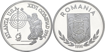 Румыния 100 леев 1996 XXVI Олимпийские игры 1996 года в Атланте, 100 лет Олимпийскому движению, стрельба, пробный выпуск  алюминий  PROOF  11-236-11