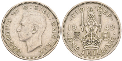 Великобритания 1 шиллинг 1949 Георг VI (1936-1952), Шотландский герб KM 877, Spink 4109 медно-никель 4556-613