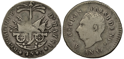 Гаити 25 сантимов 1817 14 год, Президент Александр Петион KM 15.2 серебро 272-525