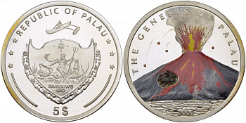 Палау 5 долларов 2006 вулканы Палау, цветная эмаль, лава!!! Тираж 2500 экземпляров серебро PROOF 1066-4-13