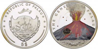 Палау 5 долларов 2006 вулканы Палау, цветная эмаль, лава!!! Тираж 2500 экземпляров серебро PROOF 1066-4-13