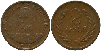 Колумбия 2 песо 1979 KM 263 бронза 4538-157