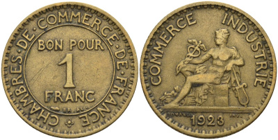 Франция 1 франк 1923 KM 876, Le Franc 218.5 алюминиевая бронза 4142-714