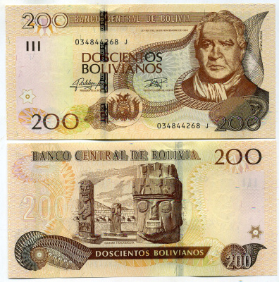 Боливия 200 боливиано 1986 (2015-2016) Франц Тамайо, Тиуанако Pick 247 бумага UNC (пресс) 451-442-3