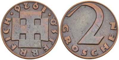 АВСТРИЯ 2 ГРОША 1926 ДОВОЕННАЯ ДЕСЯТИЧНАЯ ЧЕКАНКА KM 2837 бронза 201-212